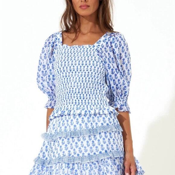 Oliphant Tops - OLIPHANT Smocked Blouse Flora Blue Sz Small Square Neck Coastal Preppy $116 MSRP